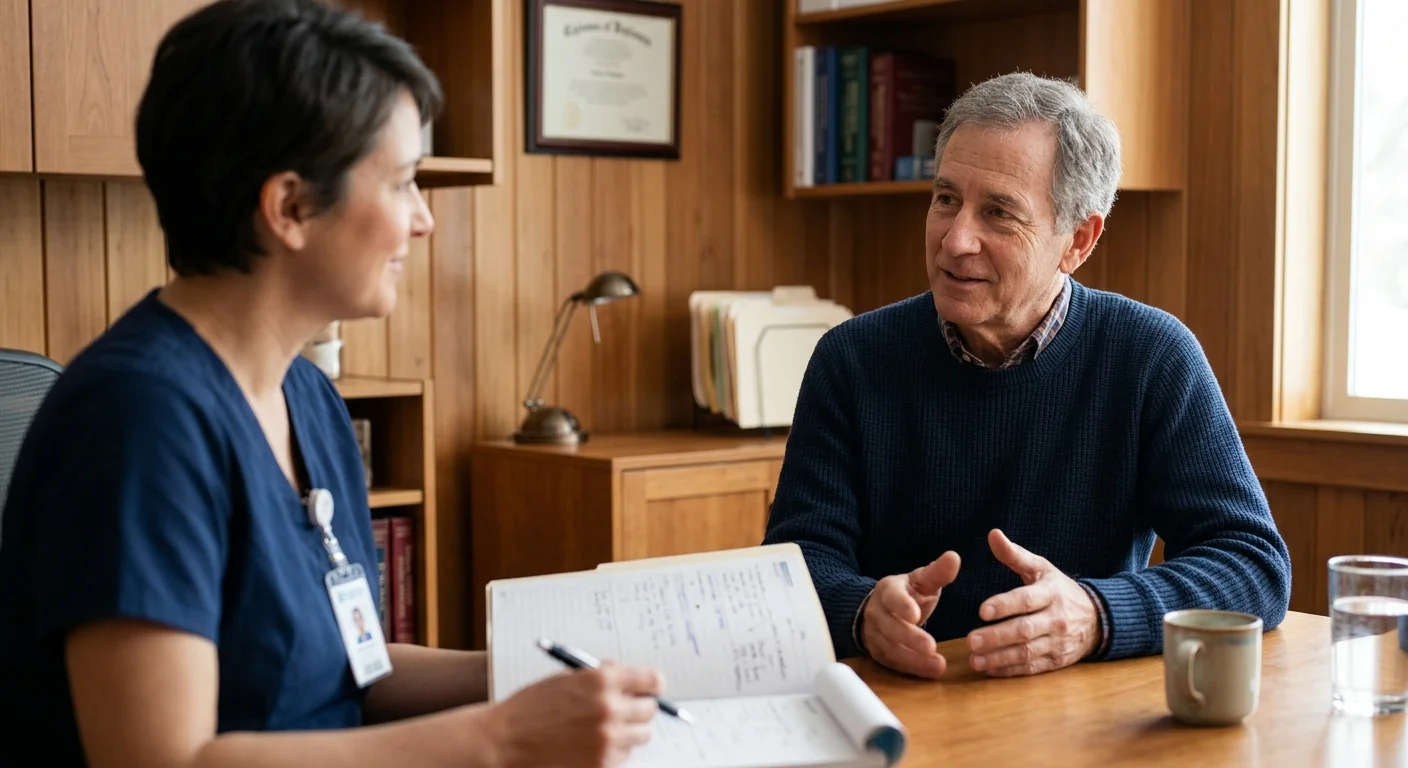 An older man in a knit sweater has an earnest, calm conversation with a doctor in a wood-paneled office.