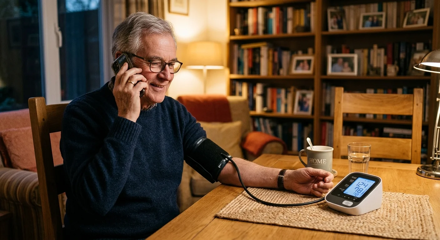 An older man sitting at his dining table calmly checking his blood pressure monitor while speaking on his phone.