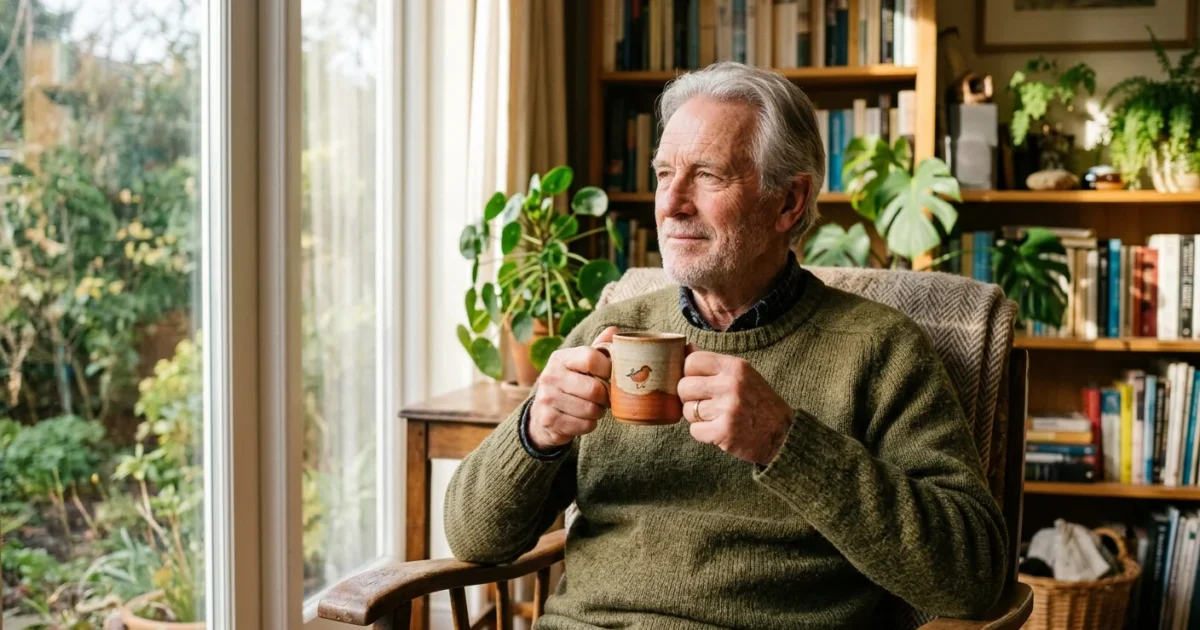 An older man sitting thoughtfully by a sunlit window at home, holding a warm mug, reflecting a quiet moment of health mindfulness.