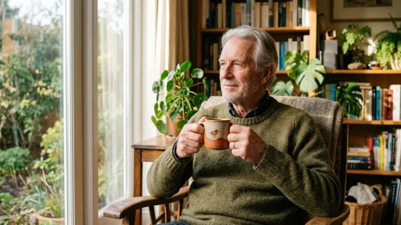 An older man sitting thoughtfully by a sunlit window at home, holding a warm mug, reflecting a quiet moment of health mindfulness.