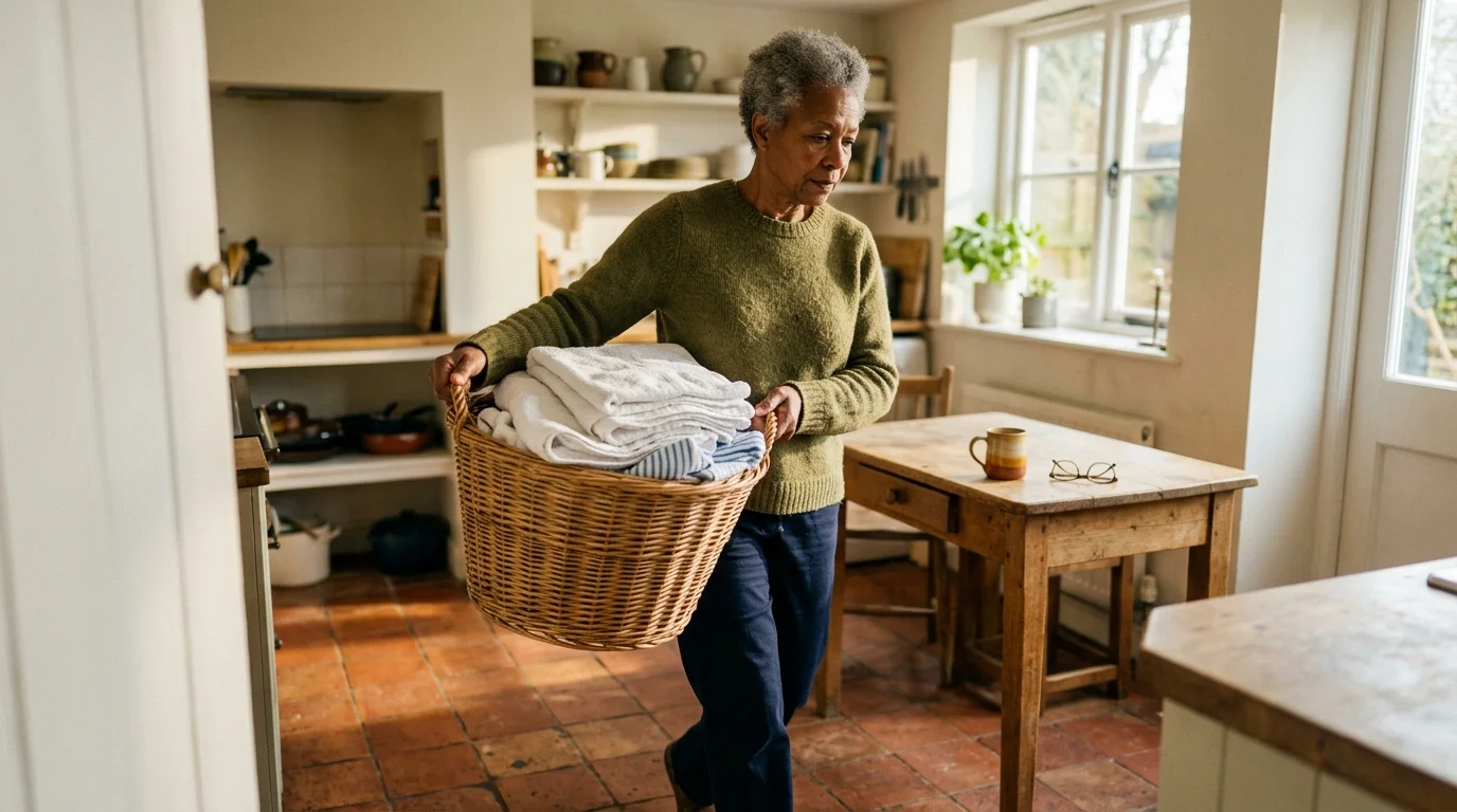 An older woman carrying a laundry basket across a sunlit kitchen, showing slight concentration to maintain her balance.