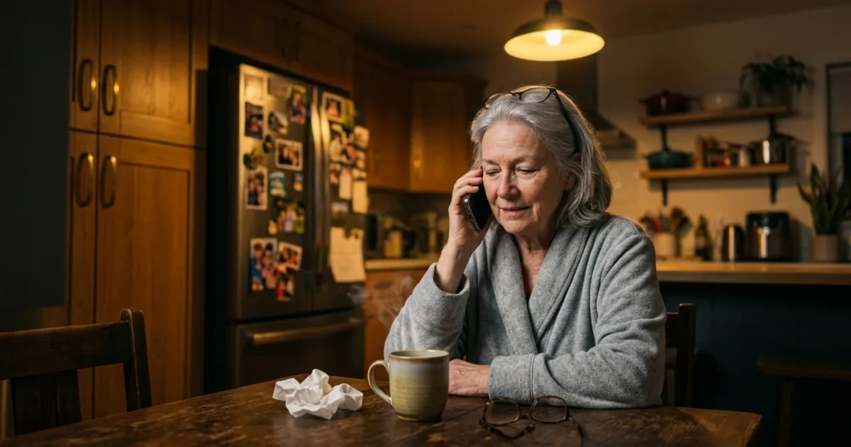 An older woman in a bathrobe sits at her kitchen table at night, talking calmly on her smartphone with a warm cup of tea nearby.