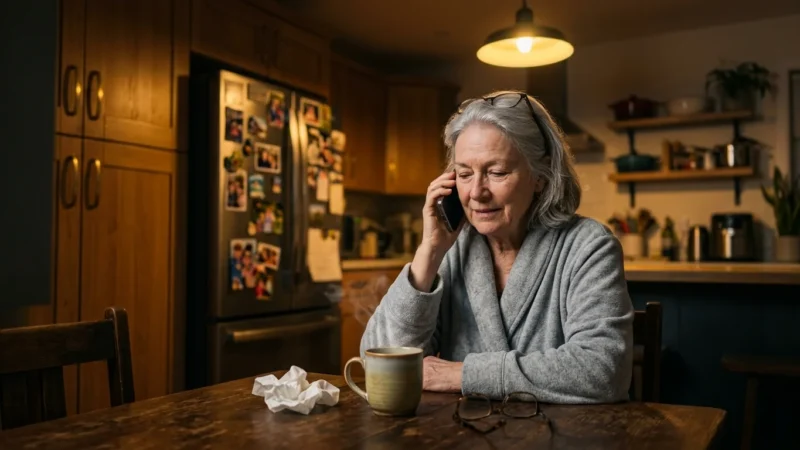 An older woman in a bathrobe sits at her kitchen table at night, talking calmly on her smartphone with a warm cup of tea nearby.