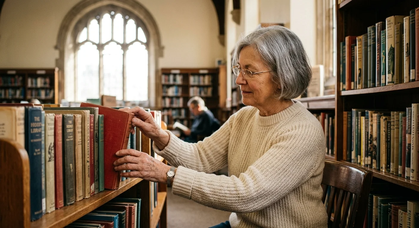 An older woman in a cozy sweater organizing books on a warm wooden shelf in a sunlit public library.