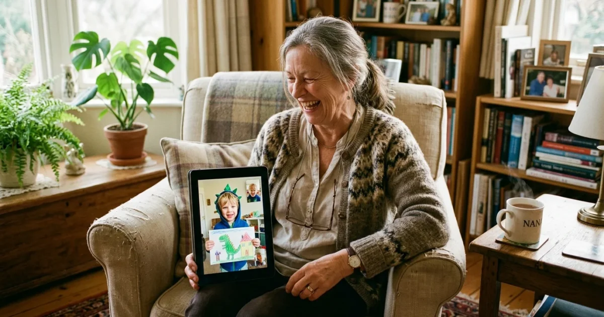 An older woman laughing on a video call with her young grandson while sitting in a cozy living room.