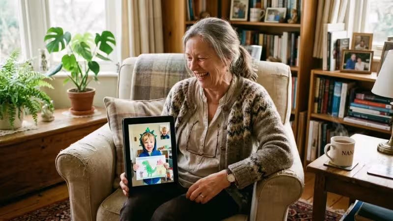 An older woman laughing on a video call with her young grandson while sitting in a cozy living room.