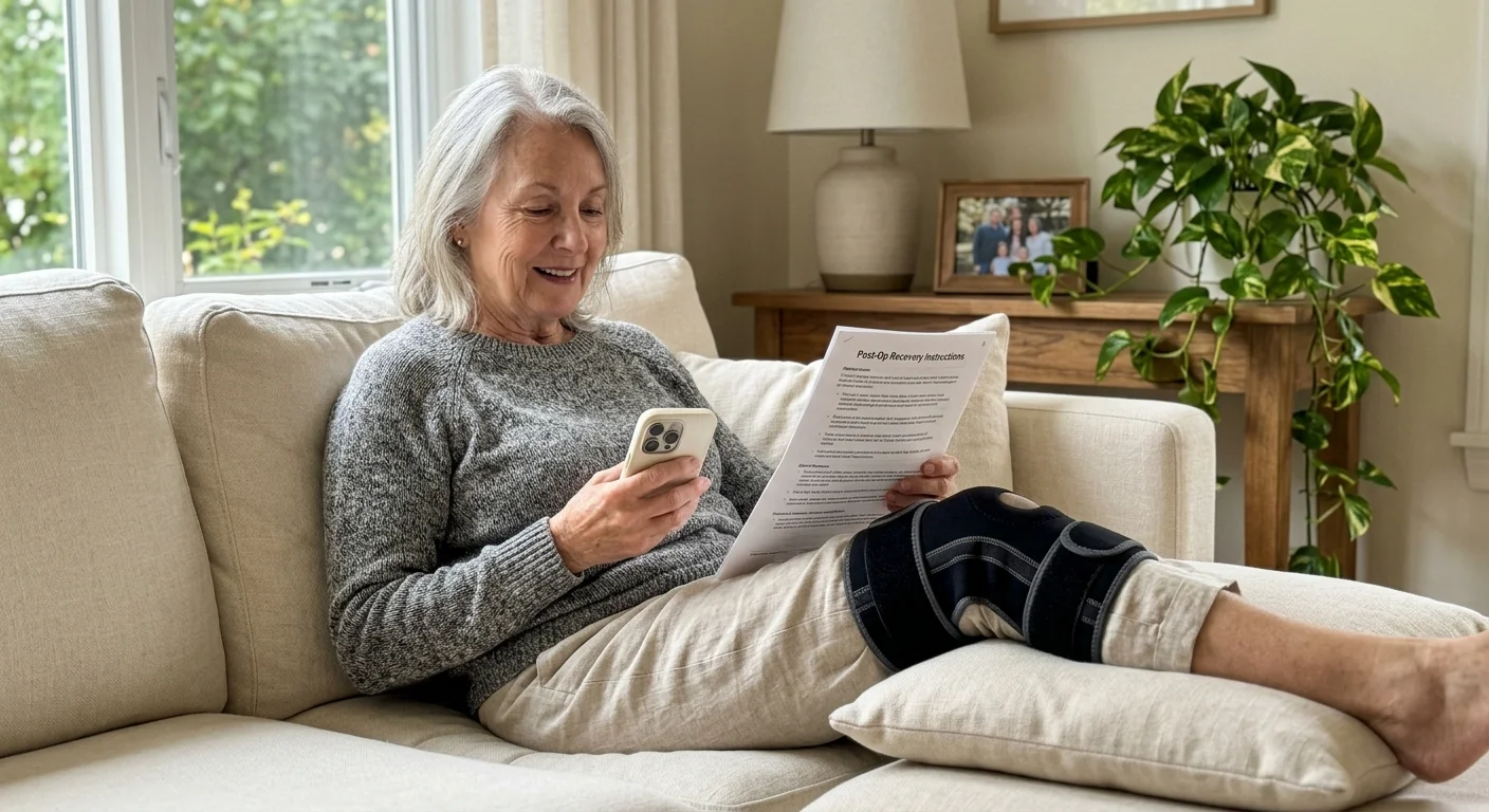 An older woman resting on her living room sofa with a knee brace, reviewing recovery instructions while speaking on her phone.