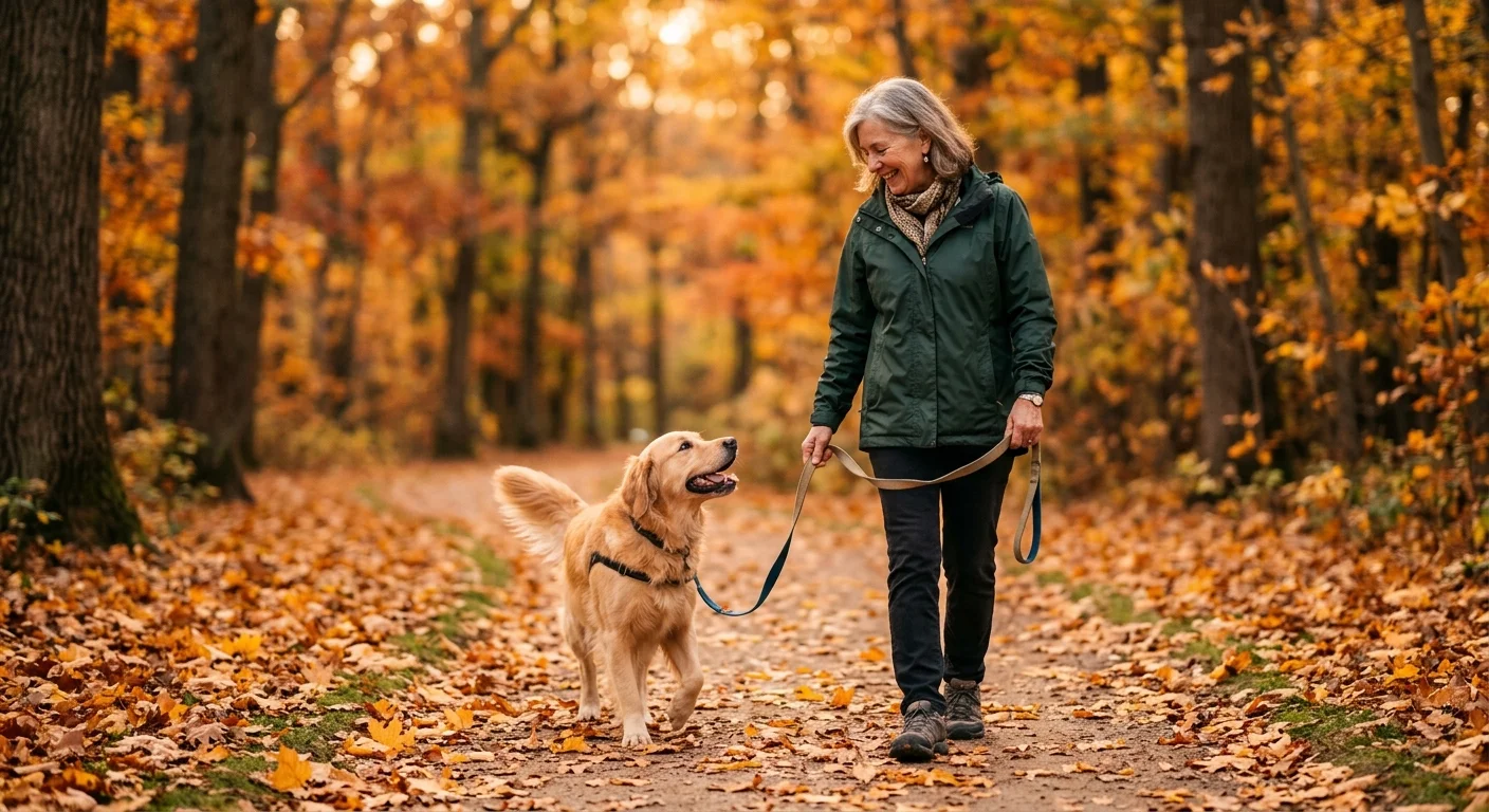 An older woman smiling while walking a golden retriever along a leaf-strewn park path in autumn.