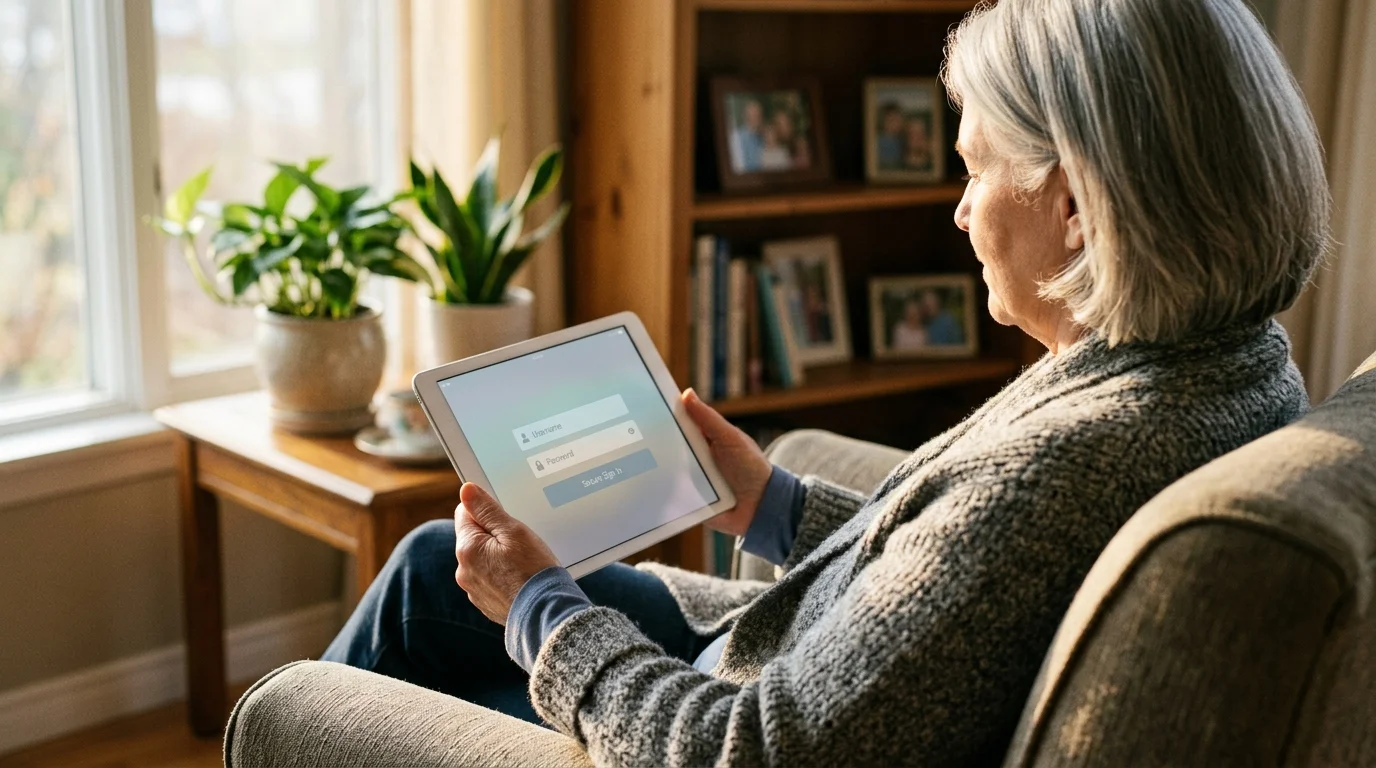 An over-the-shoulder view of a woman with silver hair using a tablet to log into a secure account in her cozy living room.
