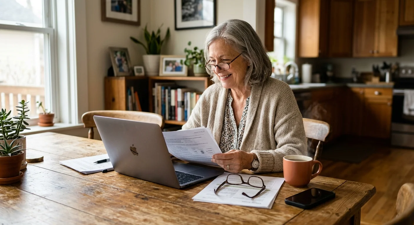 Candid photo of a senior woman looking at her laptop with a mug of tea at her dining table, reviewing Medicare details.