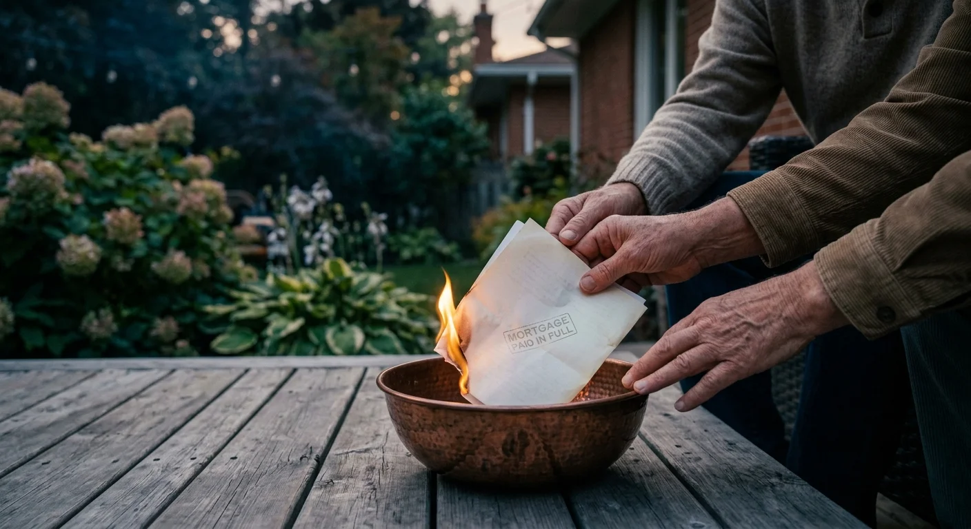 Candid photo of hands placing a folded mortgage paper into a small copper fire pit, starting to burn it on a patio.