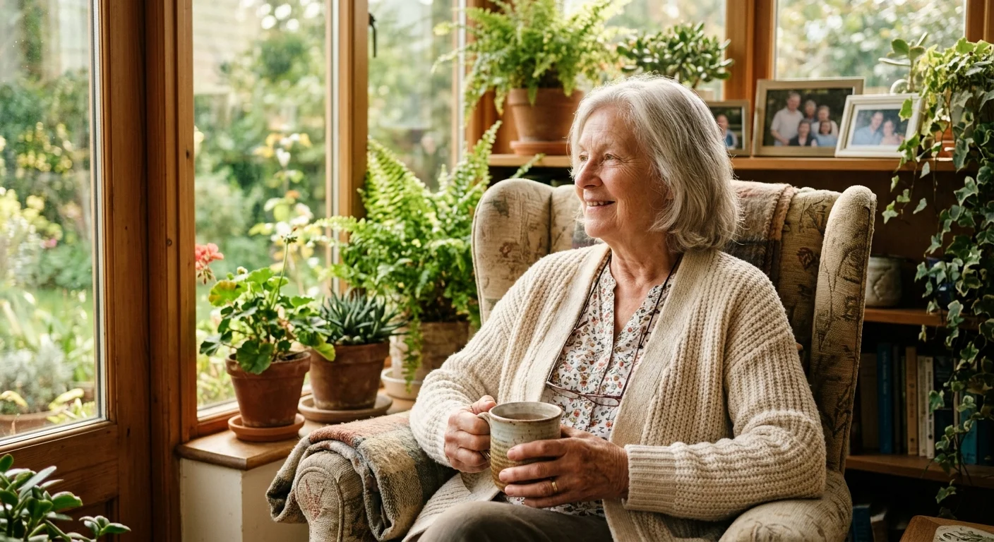 Candid photograph of a senior woman smiling peacefully in a sunlit room while holding a warm mug of tea.