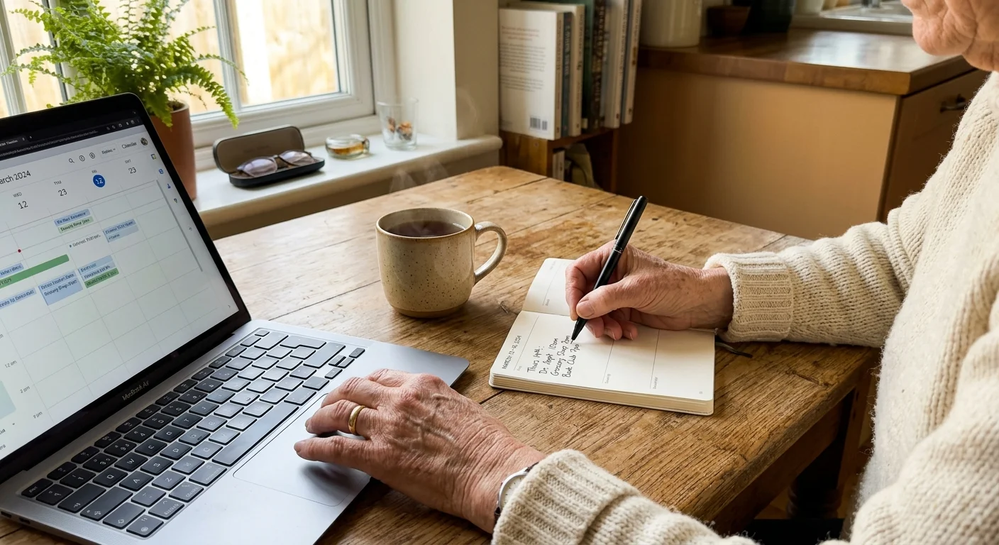 Close-up of a senior woman's hands planning a schedule next to a laptop on a sunlit wooden kitchen table.