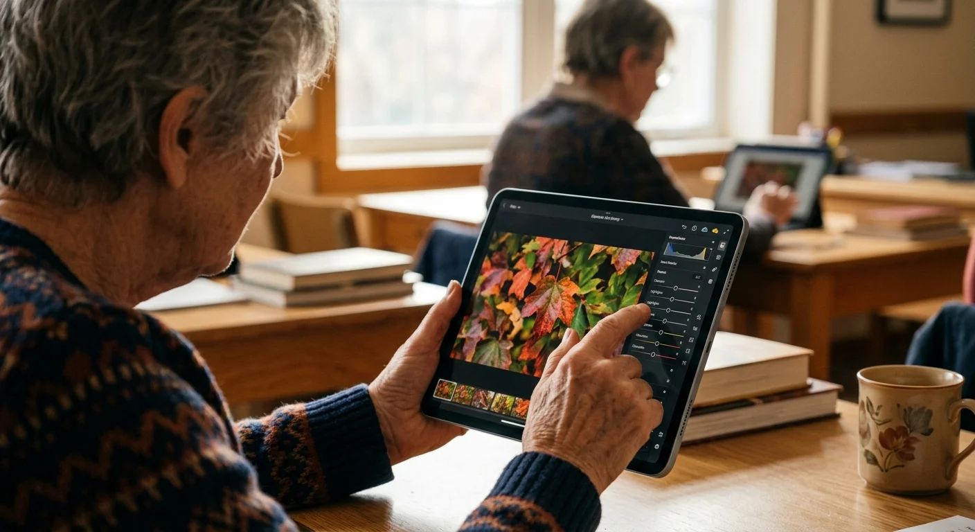 Close-up of a senior's hands adjusting settings on a digital tablet during a photo editing class.