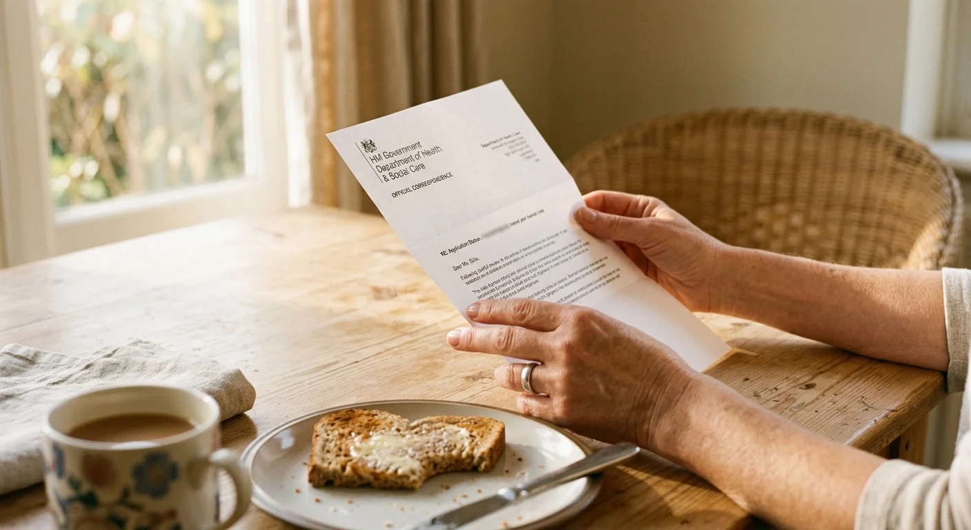 Close-up of a woman's hands holding an unfolded official determination letter in a sunlit kitchen.
