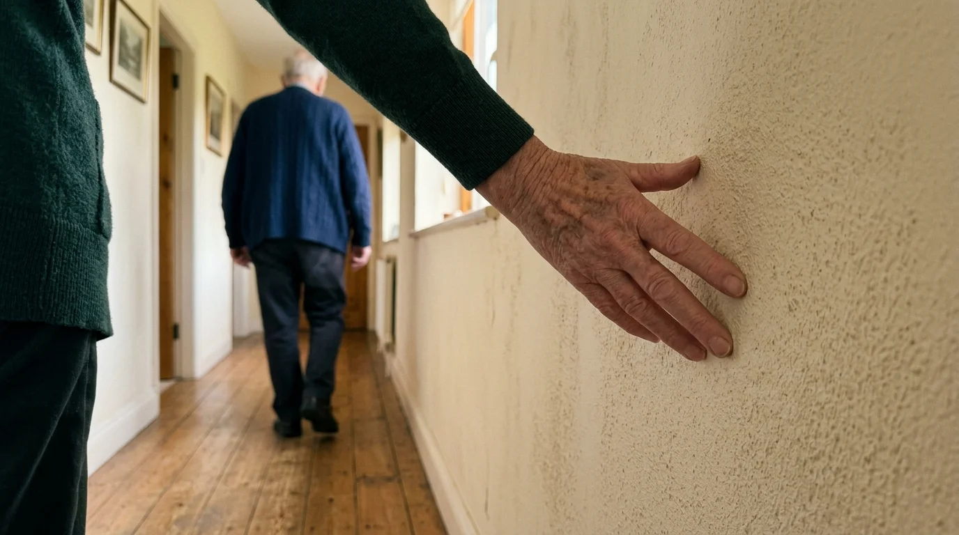 Close-up of an older adult's hand gently touching a hallway wall for stability while walking.