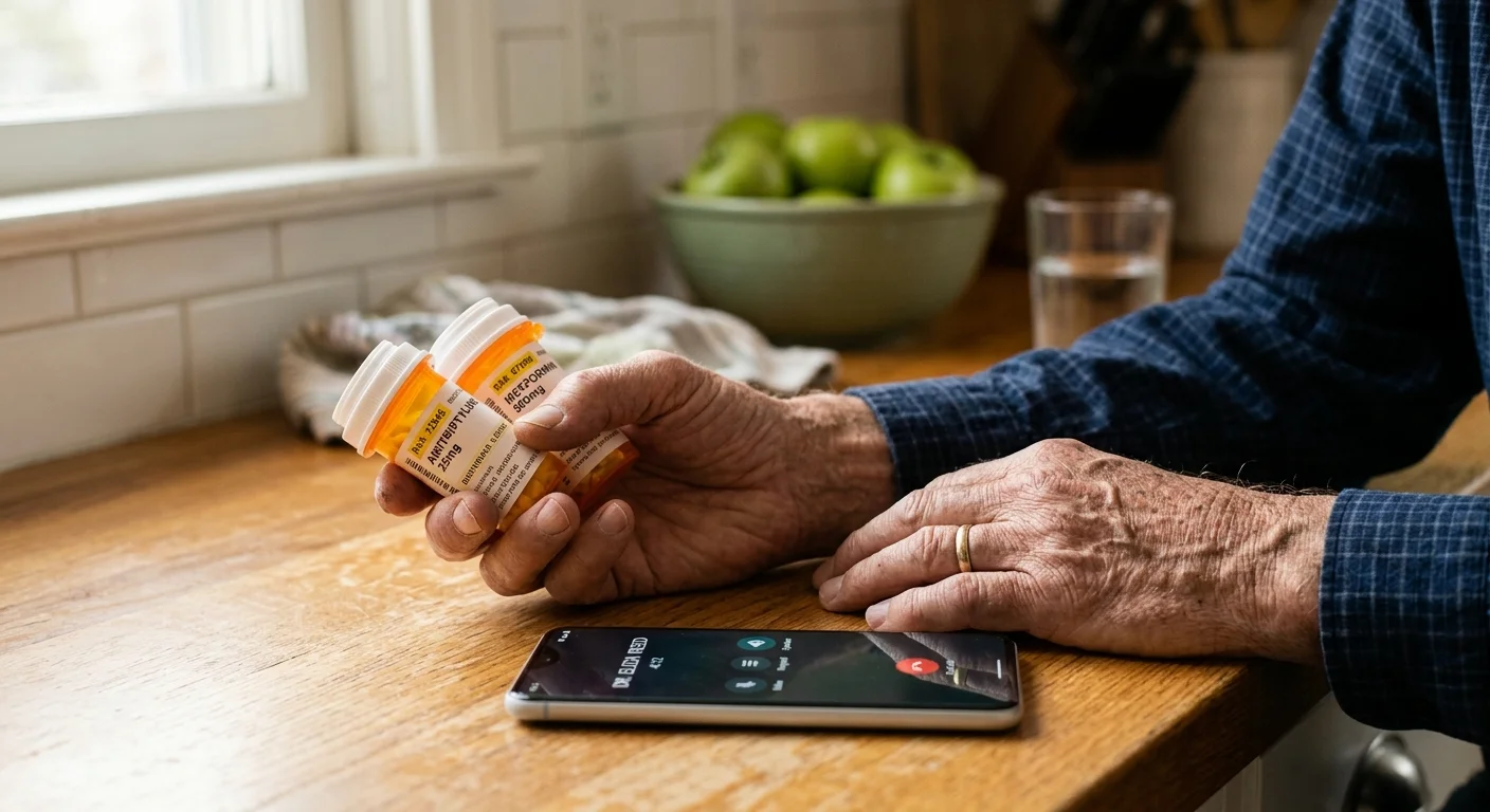 Close-up of an older adult's hands holding prescription pill bottles next to a smartphone on a warm kitchen counter.
