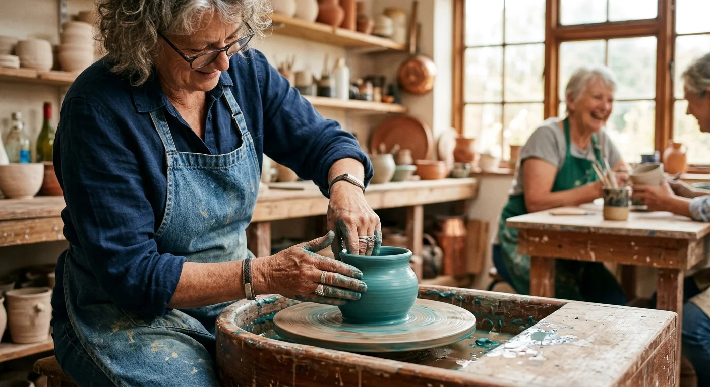 Close-up of an older woman's hands shaping clay on a pottery wheel in a sunlit, active retirement craft studio.