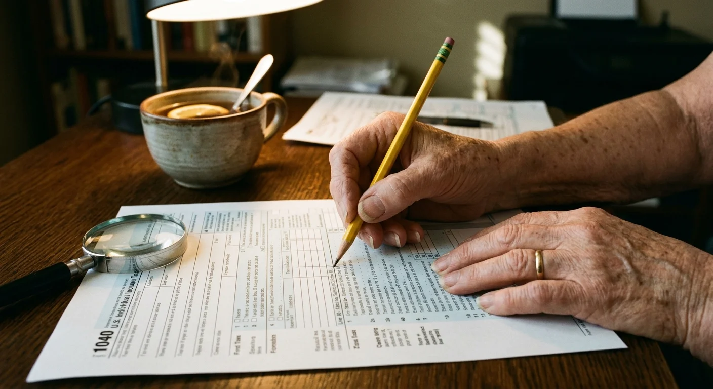 Close-up of an senior's hands holding a pencil and using a magnifying glass to read tax documents on a desk.
