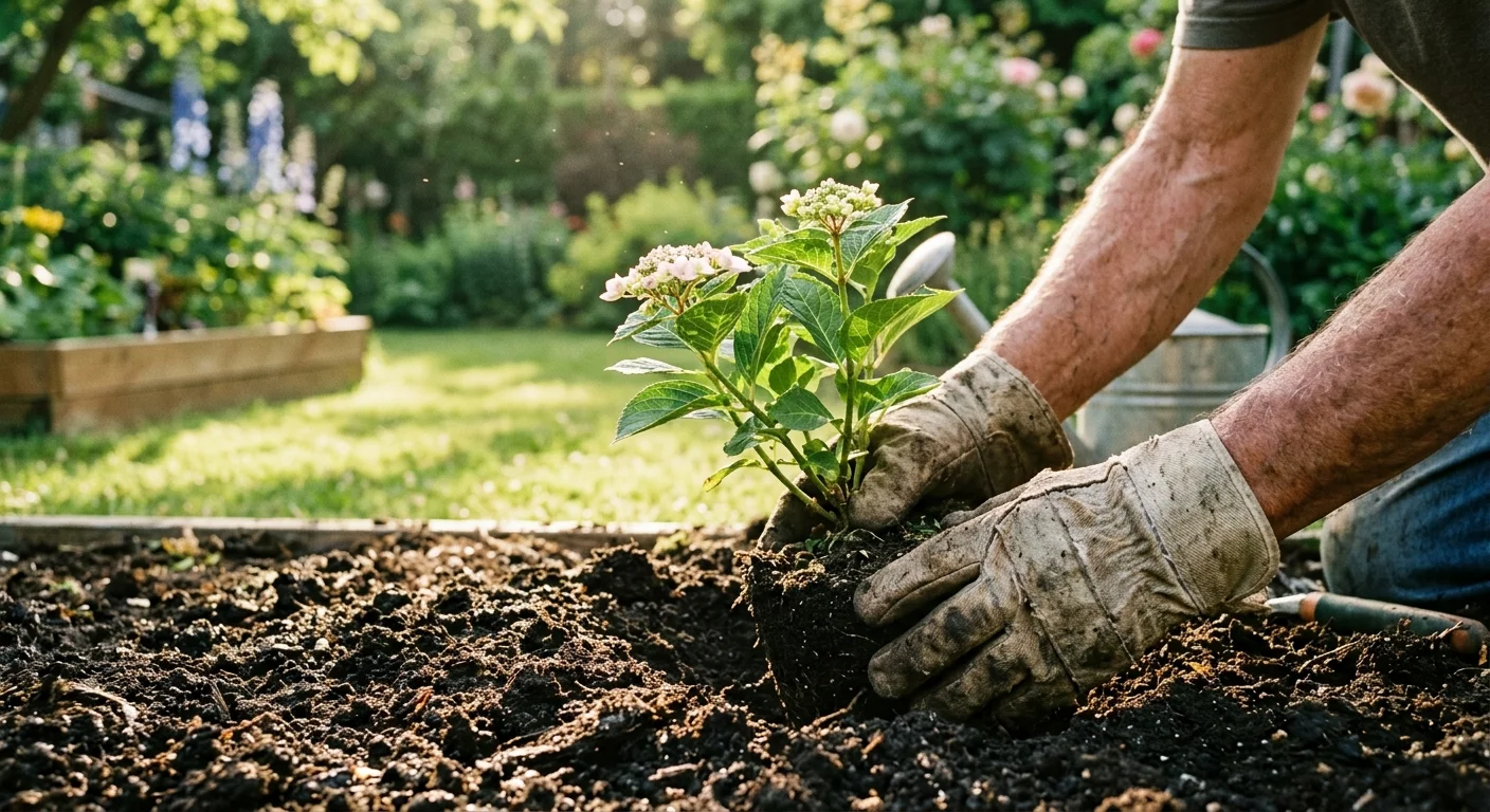 Close-up of hands in gardening gloves planting a small shrub in rich soil, captured in warm morning light.