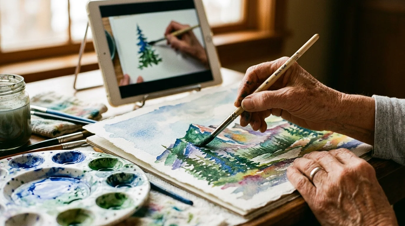 Close-up of hands watercolor painting on textured paper with a tutorial video playing on a tablet behind.