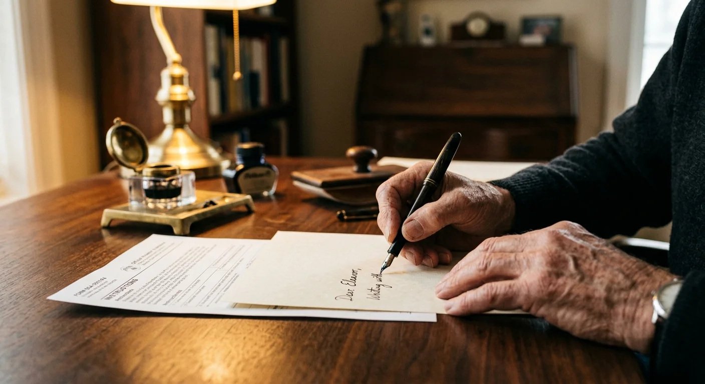 Close-up of mature hands writing a letter next to Form SSA-7011-F4 on a dark wood desk.