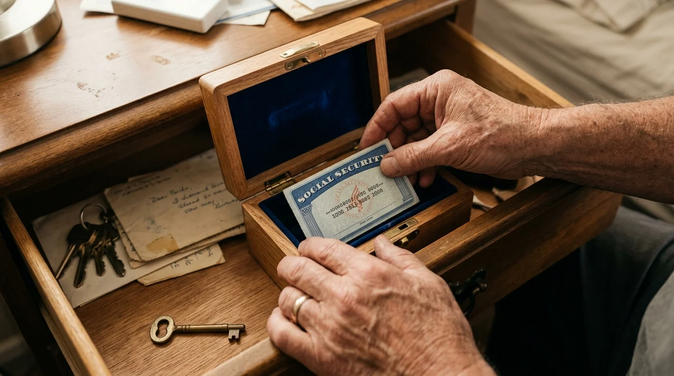 Close-up photo of a hand placing a Social Security card safely into a wooden lockbox inside a home drawer.