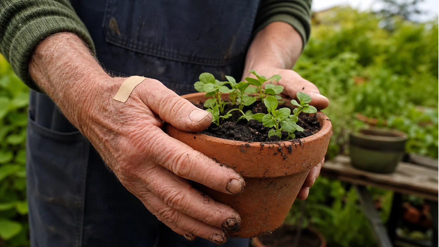 Close-up photo of a senior gardener's hands holding a potted plant, with a small bandage on one knuckle.