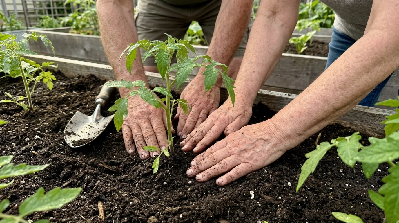 Close-up photo of seniors' hands planting a young green seedling in rich, dark soil in a community garden bed.