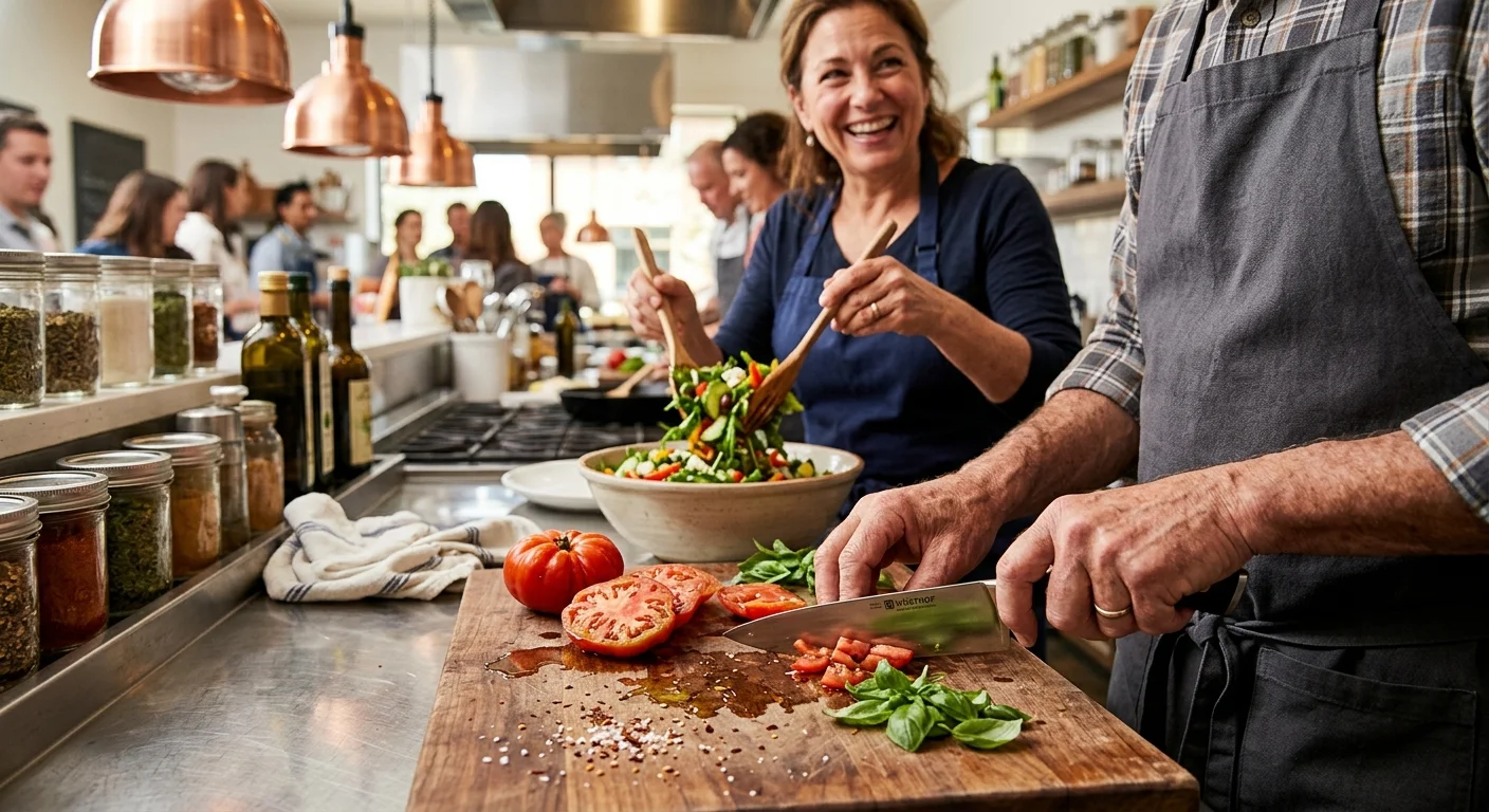 Close-up photograph of a senior preparing fresh vegetables and salad in a brightly lit demonstration kitchen.