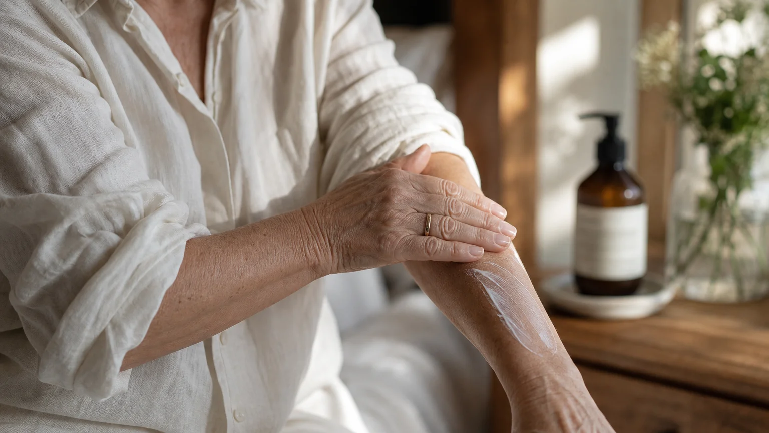 Close-up photograph of a senior woman applying moisturizing lotion to her dry arm in soft morning light.