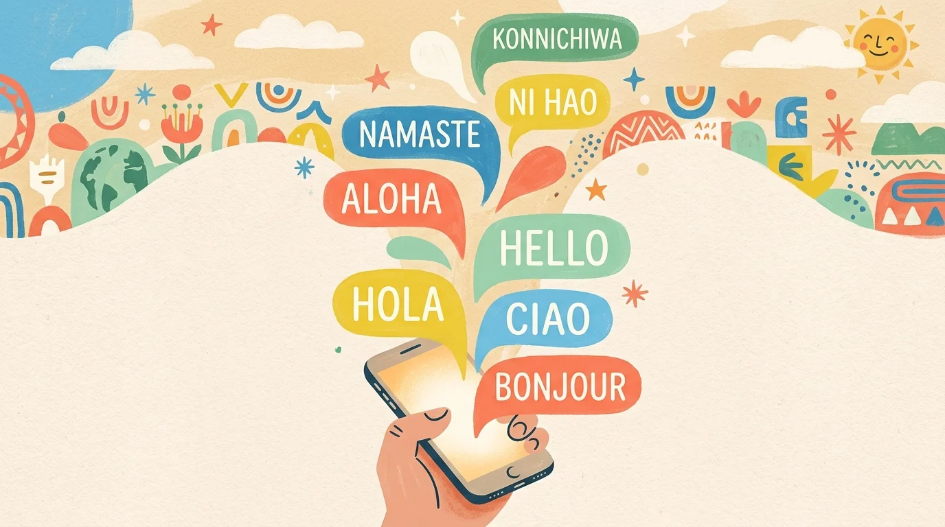 Colorful speech bubbles with foreign greetings rising out of a smartphone screen.
