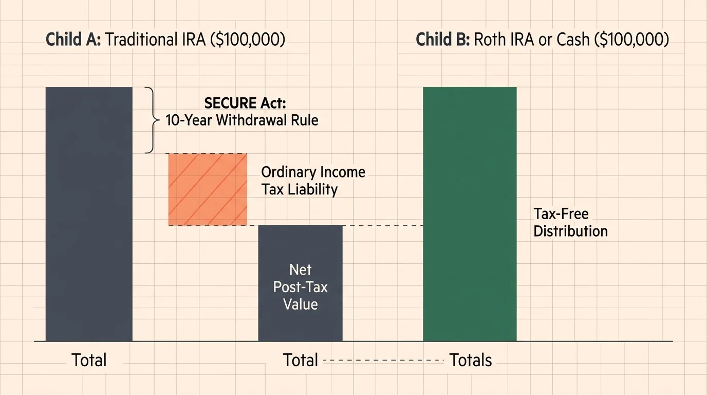 Bar chart comparing post-tax values of a $100,000 traditional IRA with tax liability versus tax-free cash or Roth IRA.