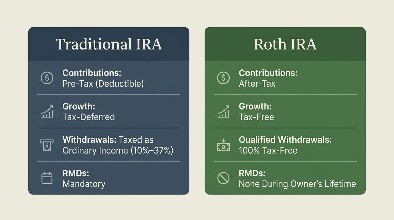 Side-by-side comparison diagram detailing contributions, growth, withdrawals, and RMDs for Traditional and Roth IRAs.