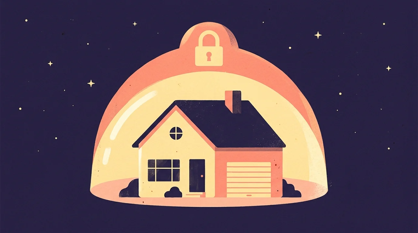 Conceptual editorial illustration of a cozy house protected by a warm, glowing security shield.