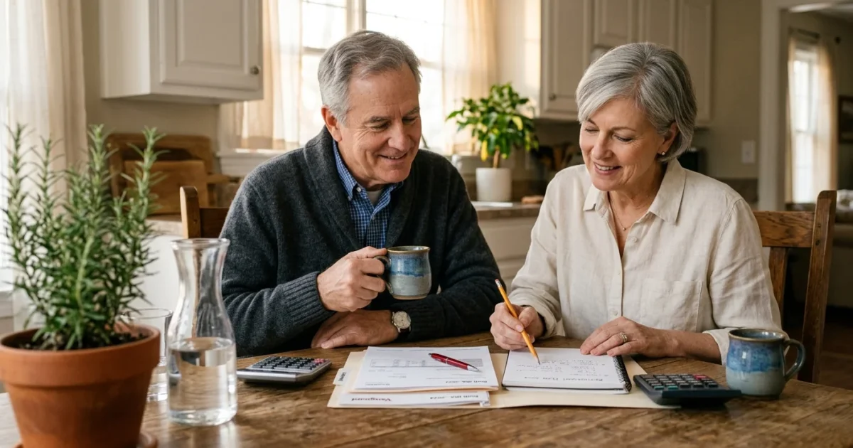 Mature couple sitting at a wooden table reviewing financial paperwork, notebooks, and calculators together at home.