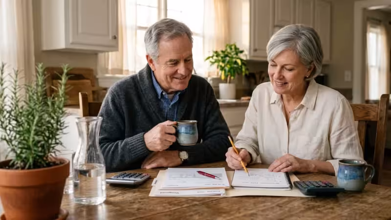 Mature couple sitting at a wooden table reviewing financial paperwork, notebooks, and calculators together at home.