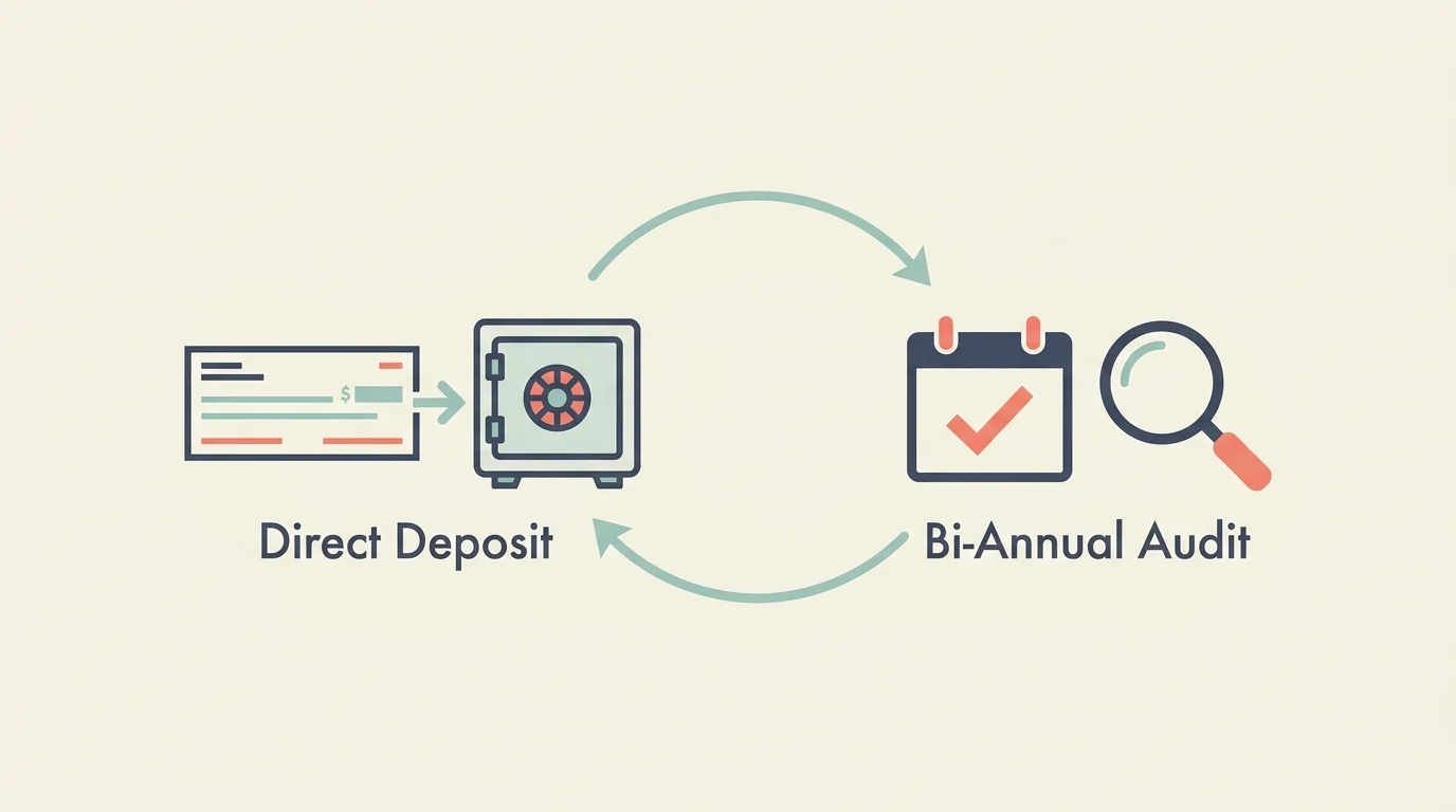 Diagram showing the secure cycle of automatic direct deposits and regular bi-annual statement audits.