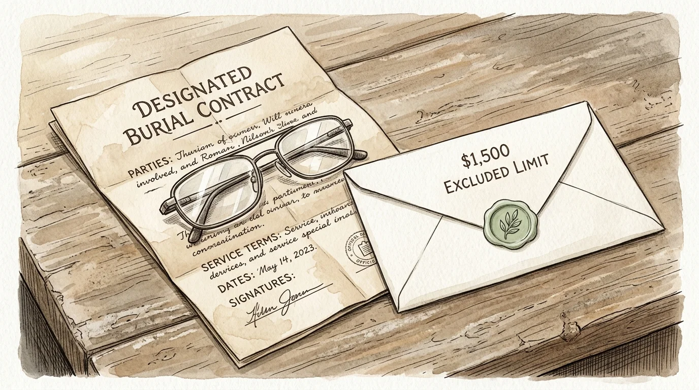 Dignified watercolor illustration of a burial contract and a $1,500 designated fund envelope on a wooden desk.