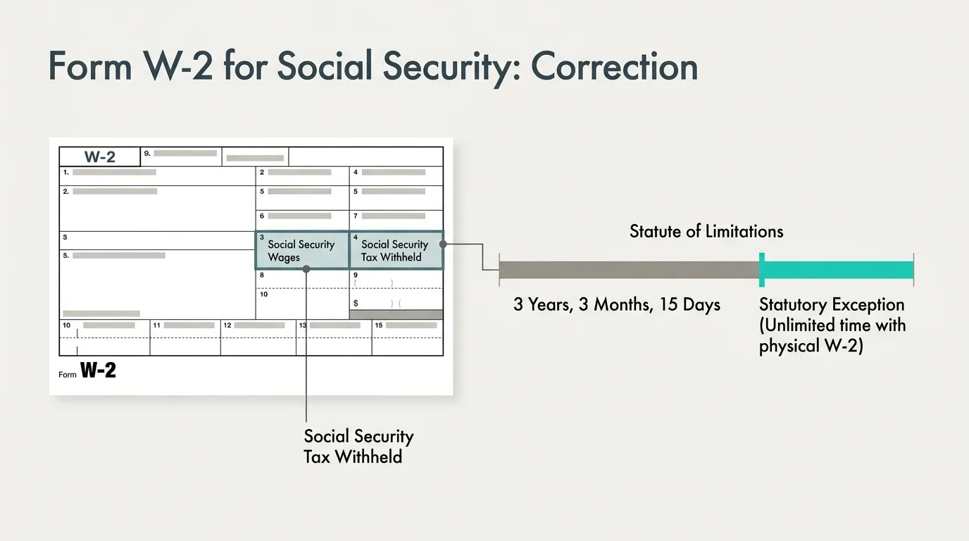 Editorial diagram showing highlighted W-2 Box 3 and Box 4 next to a timeline for the 3-year correction limit exception.