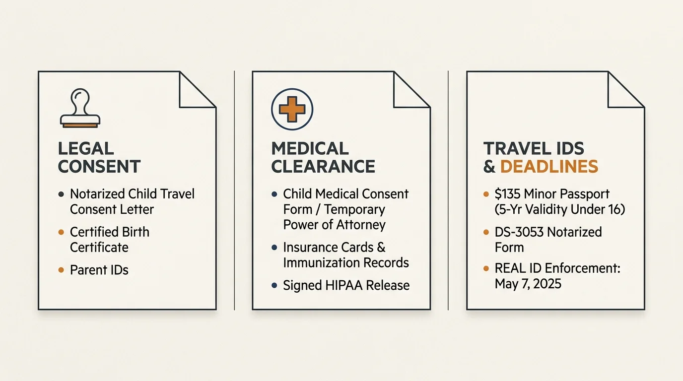 Diagram showing three document checklists for travel: Legal Consent, Medical Clearance, and Travel IDs & Deadlines.