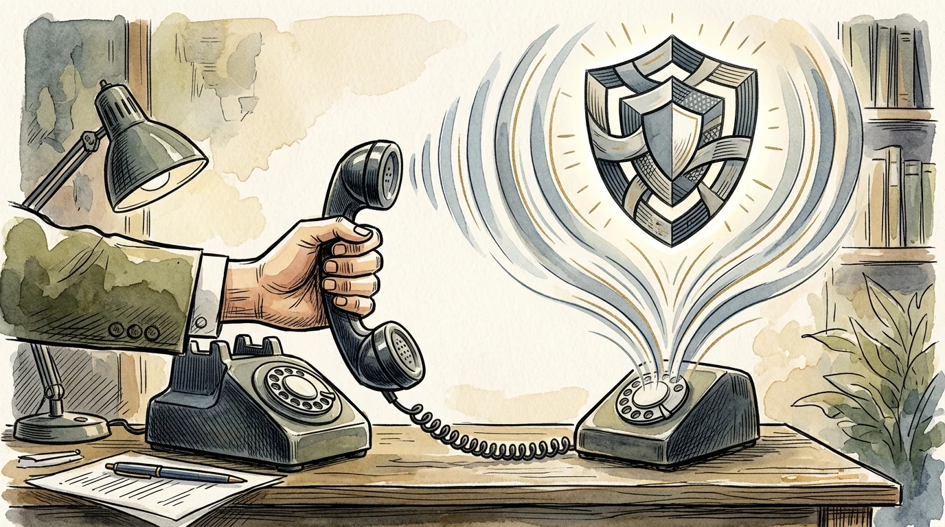 Editorial illustration of a telephone receiver emitting a signal that forms a protective shield, symbolizing reporting fraud.