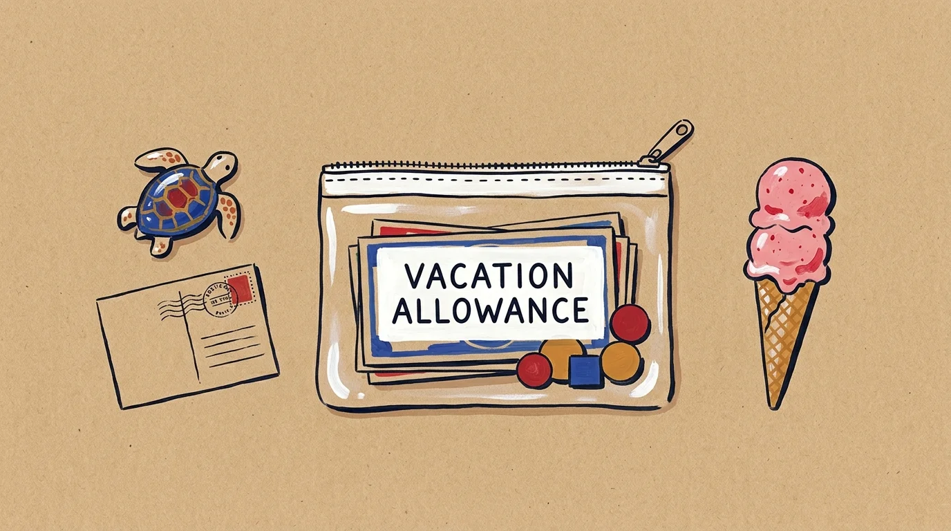 Illustration of a vacation allowance zipper pouch beside a postcard, a turtle figurine, and a pink ice cream cone.