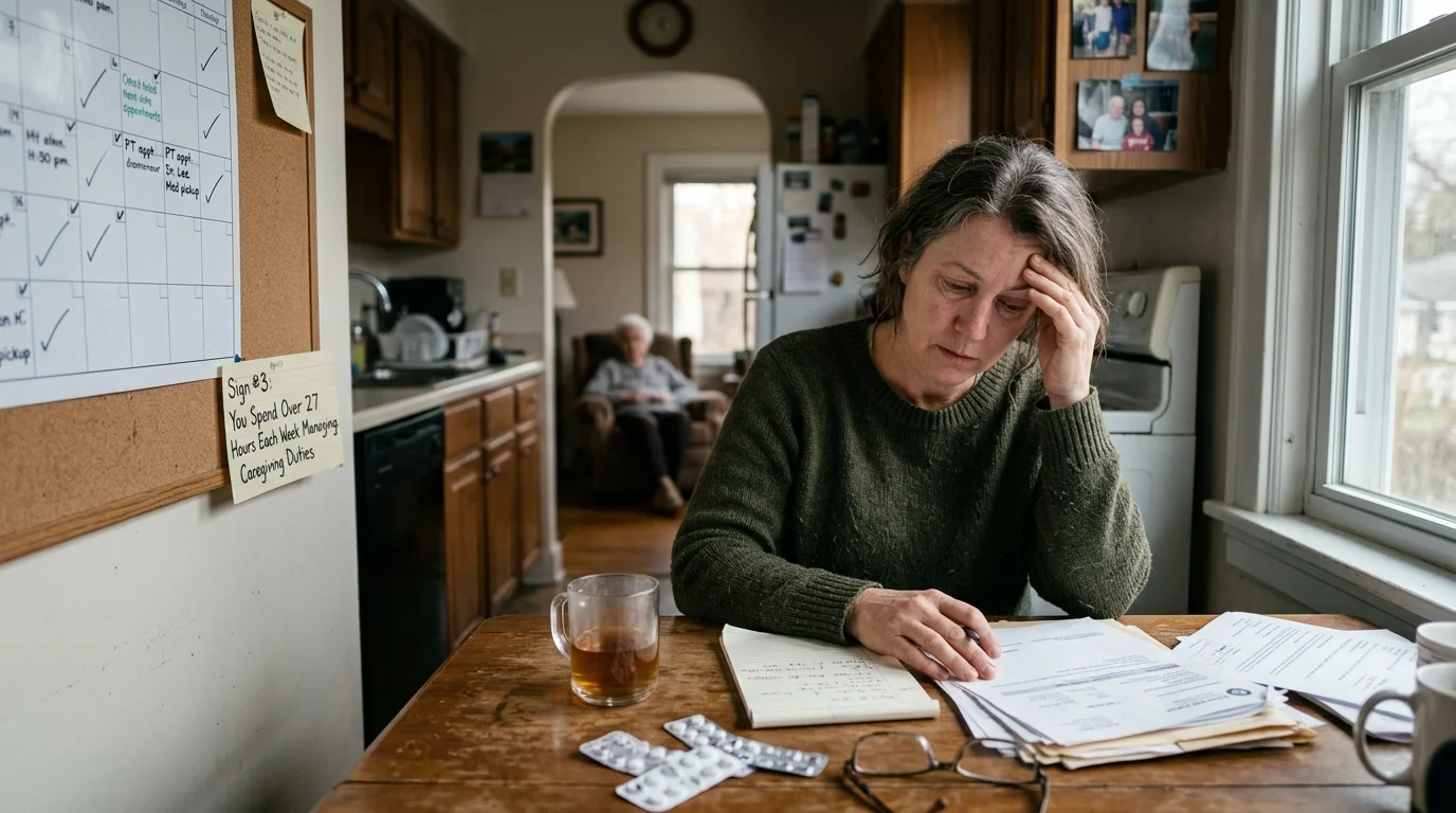 Editorial photograph illustrating: Sign #3: You Spend Over 27 Hours Each Week Managing Caregiving Duties