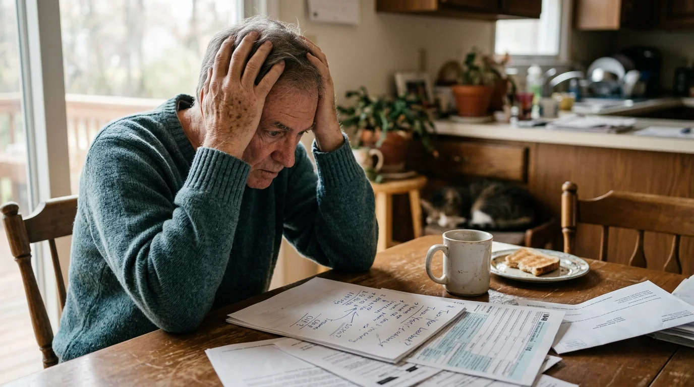 Stressed senior man holding his head over paperwork and tax forms while sitting at a kitchen table.