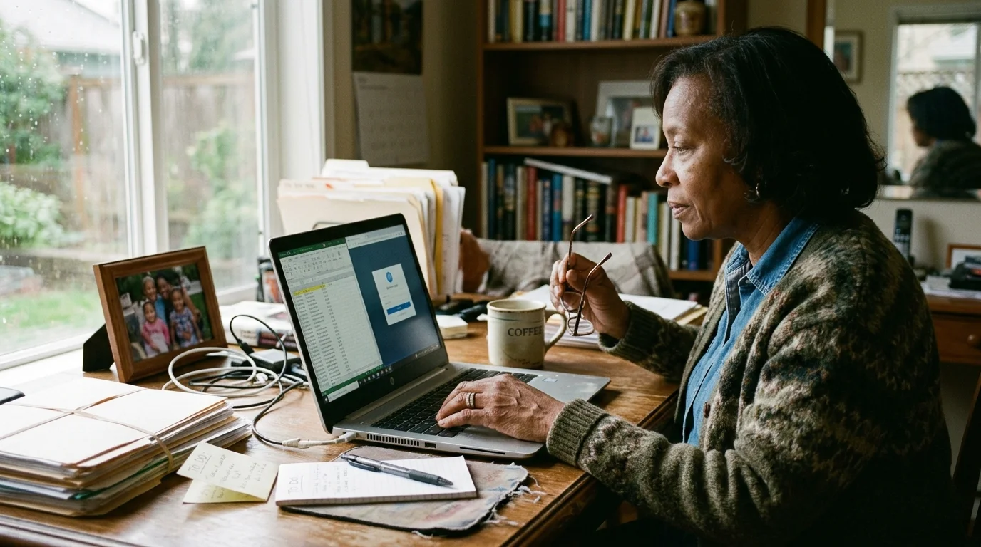A senior woman works on a laptop at a wooden desk by a window with books and papers nearby.