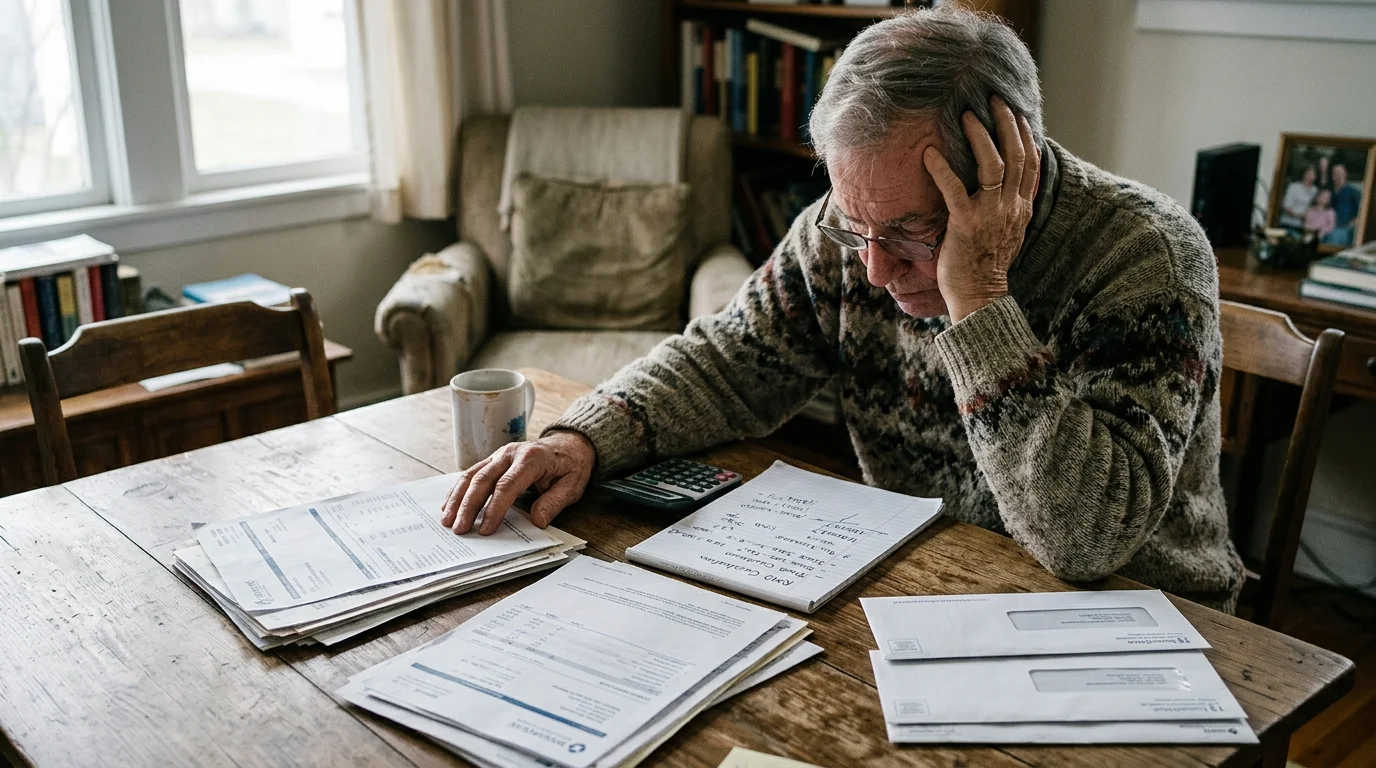 Senior man resting his head on his hand while reviewing financial paperwork and bills at a wooden dining table.