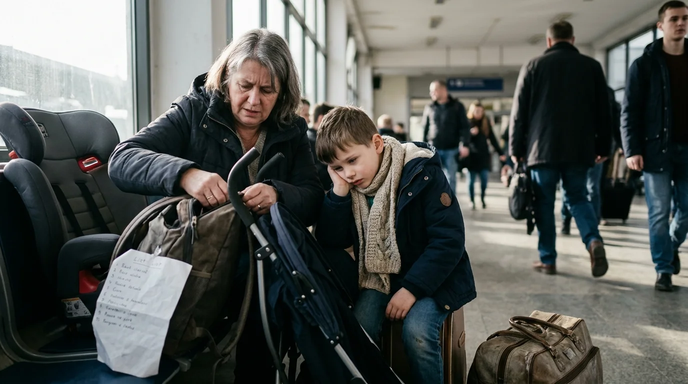 A woman checks a backpack beside a tired boy sitting on luggage near a car seat and stroller in a transit station.