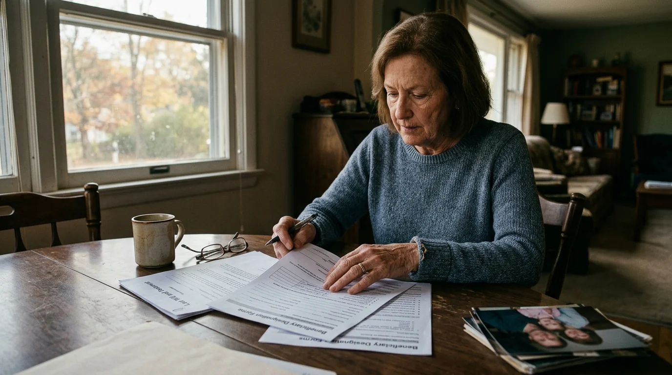 An older woman sits at a wooden table reviewing legal documents and beneficiary forms with a pen in hand.