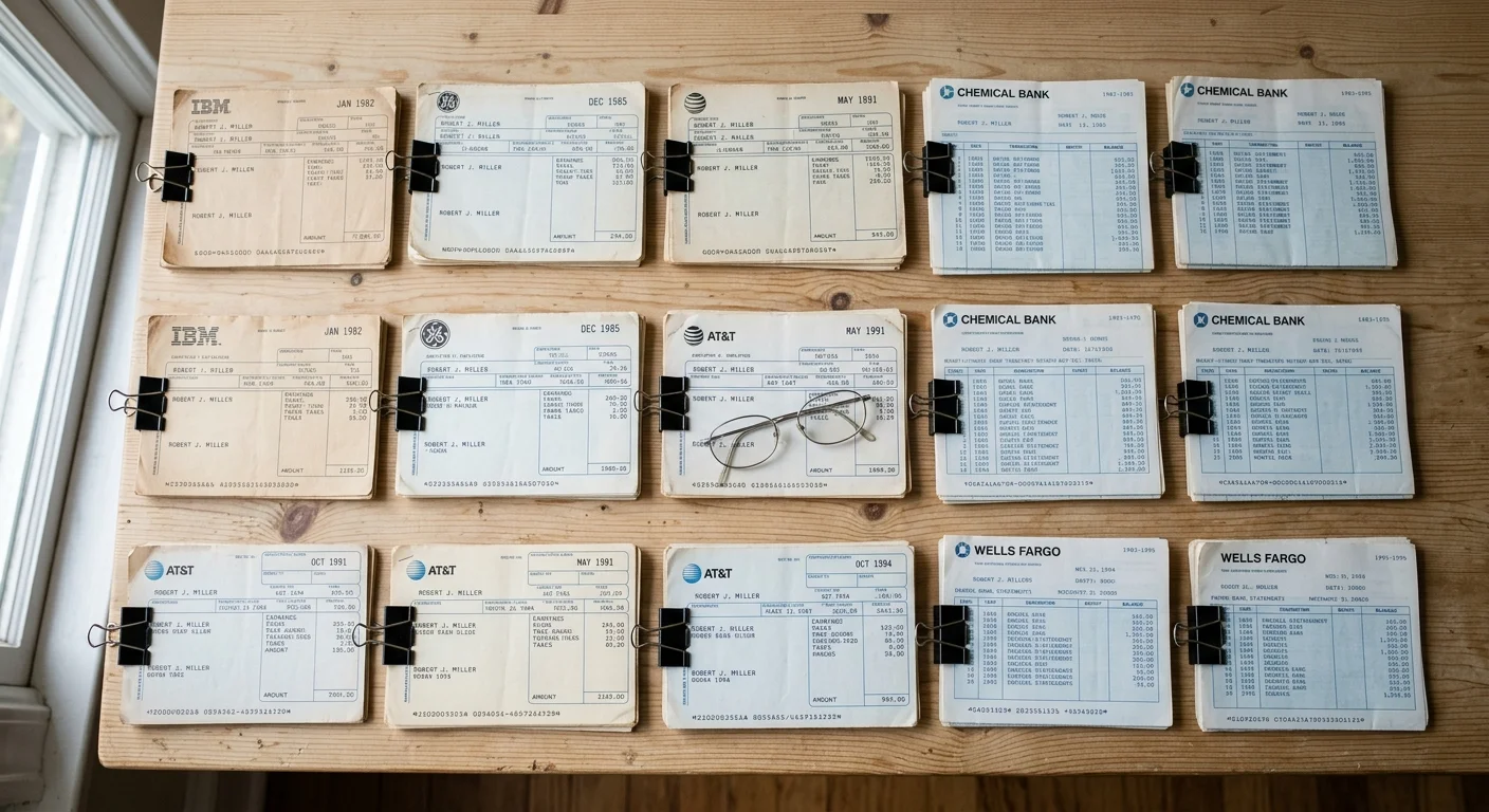 Flat lay of organized retro pay stubs and bank statements held with binder clips on a pine table.